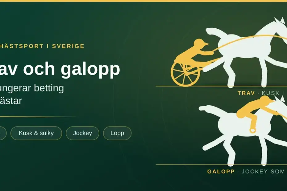 Illustration i grafisk stil som visar skillnaden mellan trav och galopp: en travhäst med kusk i sulky och en galopphäst med jockey, tillsammans med rubriken "Trav och galopp – så fungerar betting på hästar".