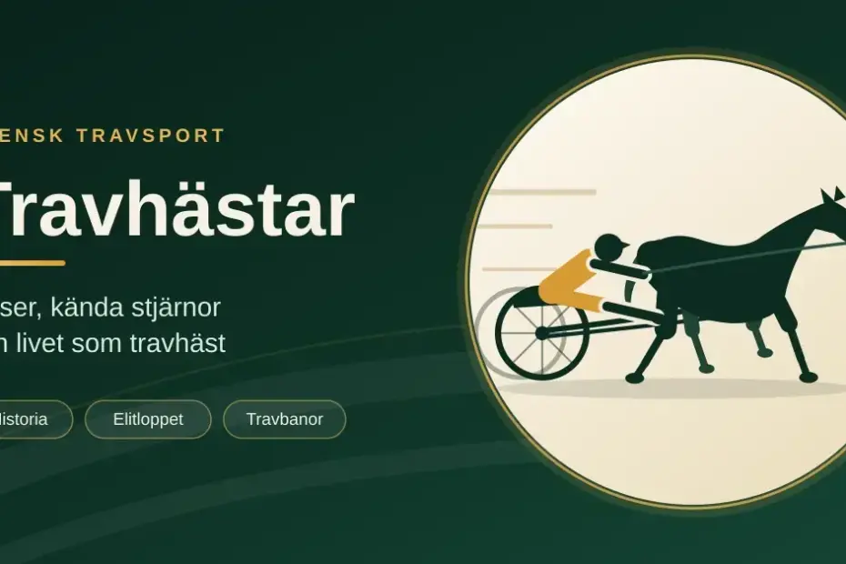 Illustration av en travhäst med kusk i sulky, tillsammans med rubriken ”Travhästar – raser, kända stjärnor och livet som travhäst”.