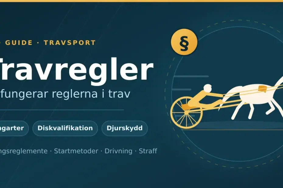 Illustration av en travhäst med sulky och kusk bredvid rubriken "Travregler – så fungerar reglerna i trav" och ett paragraftecken som symboliserar travsportens regelverk.