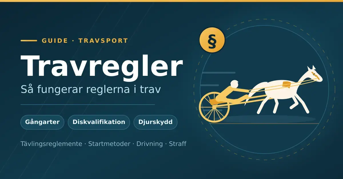 Illustration av en travhäst med sulky och kusk bredvid rubriken "Travregler – så fungerar reglerna i trav" och ett paragraftecken som symboliserar travsportens regelverk.