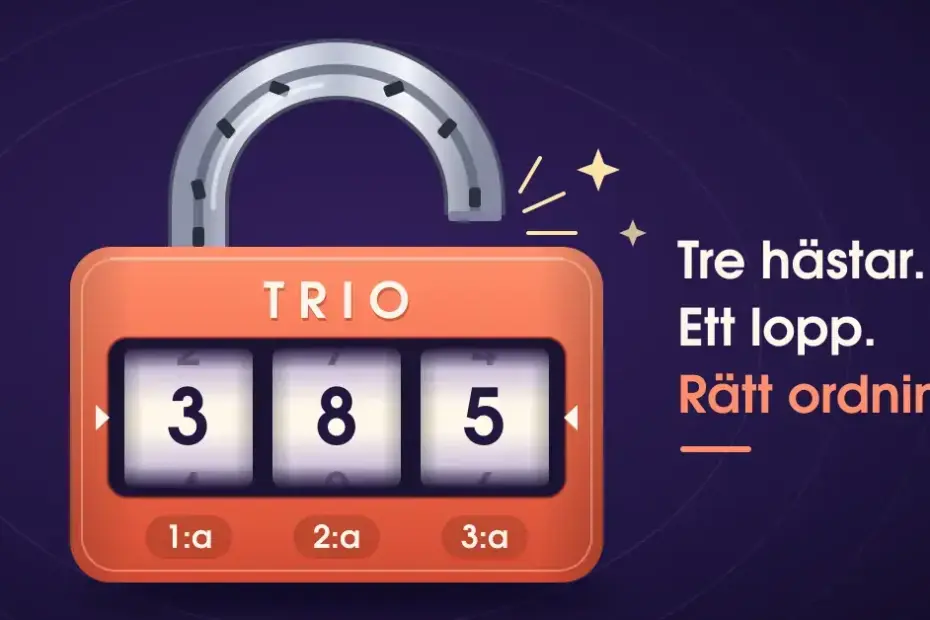 Illustration av ett upplåst kodlås med en hästsko som bygel och de tre sifferhjulen 3, 8 och 5 över placeringarna 1:a, 2:a och 3:a, bredvid texten ”Tre hästar. Ett lopp. Rätt ordning.”