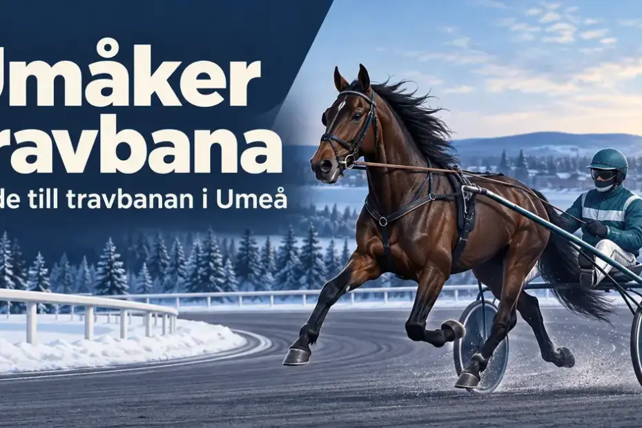 Illustration av en travhäst med sulky och kusk på en vinterbana, med texten ”Umåker travbana – Guide till travbanan i Umeå”.
