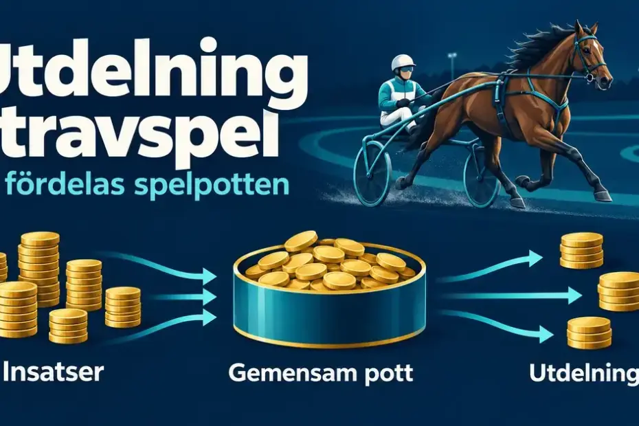 Illustration av en travhäst med sulky och ett flödesschema som visar hur insatser samlas i en gemensam spelpott och fördelas som utdelning.