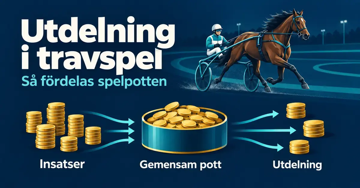 Illustration av en travhäst med sulky och ett flödesschema som visar hur insatser samlas i en gemensam spelpott och fördelas som utdelning.