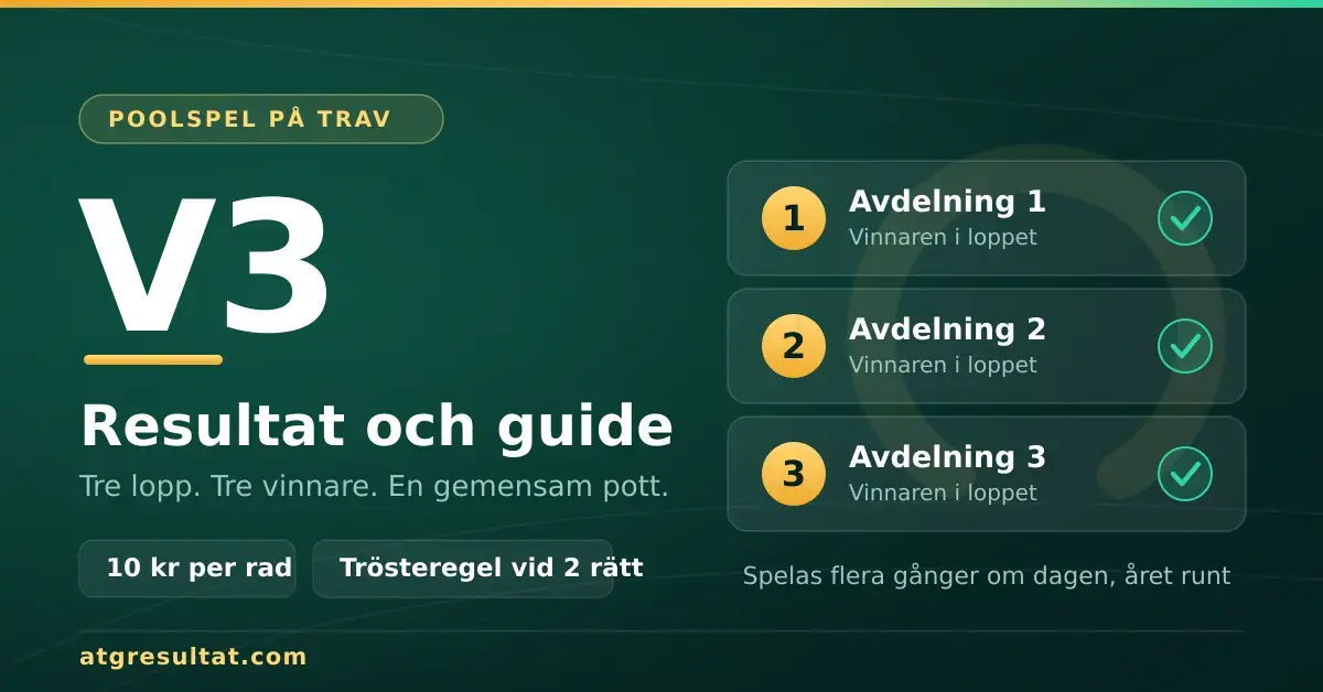 Grafik med rubriken "V3 – resultat och guide" och tre markerade avdelningar som visar att du ska pricka in vinnaren i tre travlopp.